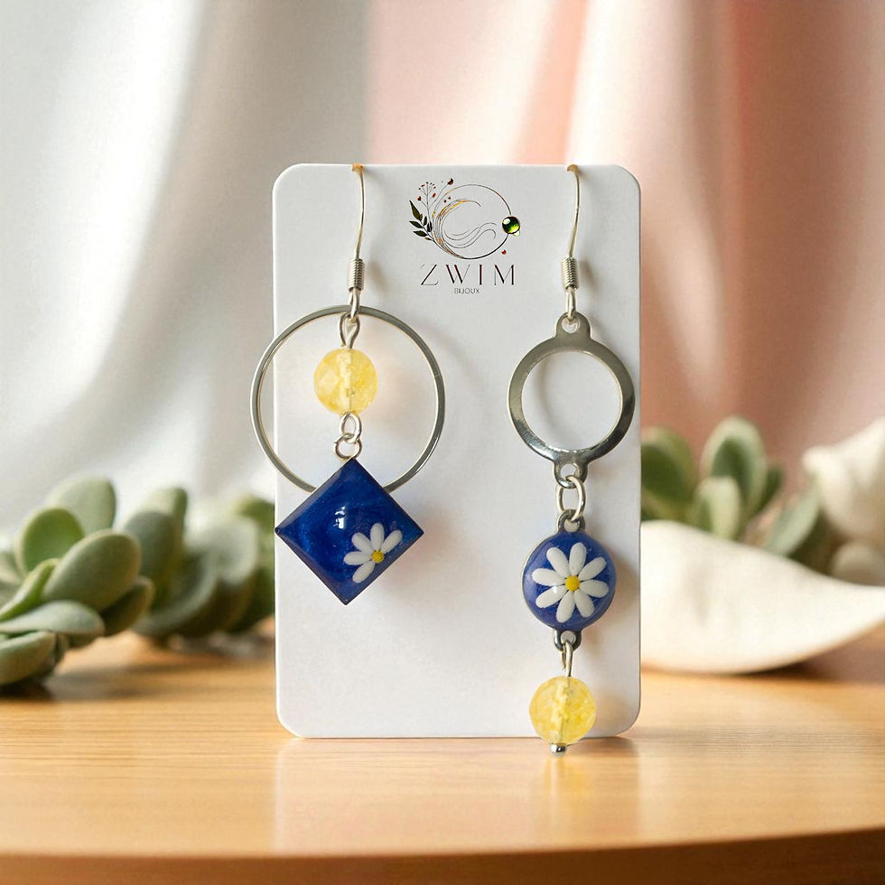 Boucles d'oreilles asymétriques citrine et pendentif bleus fleuris