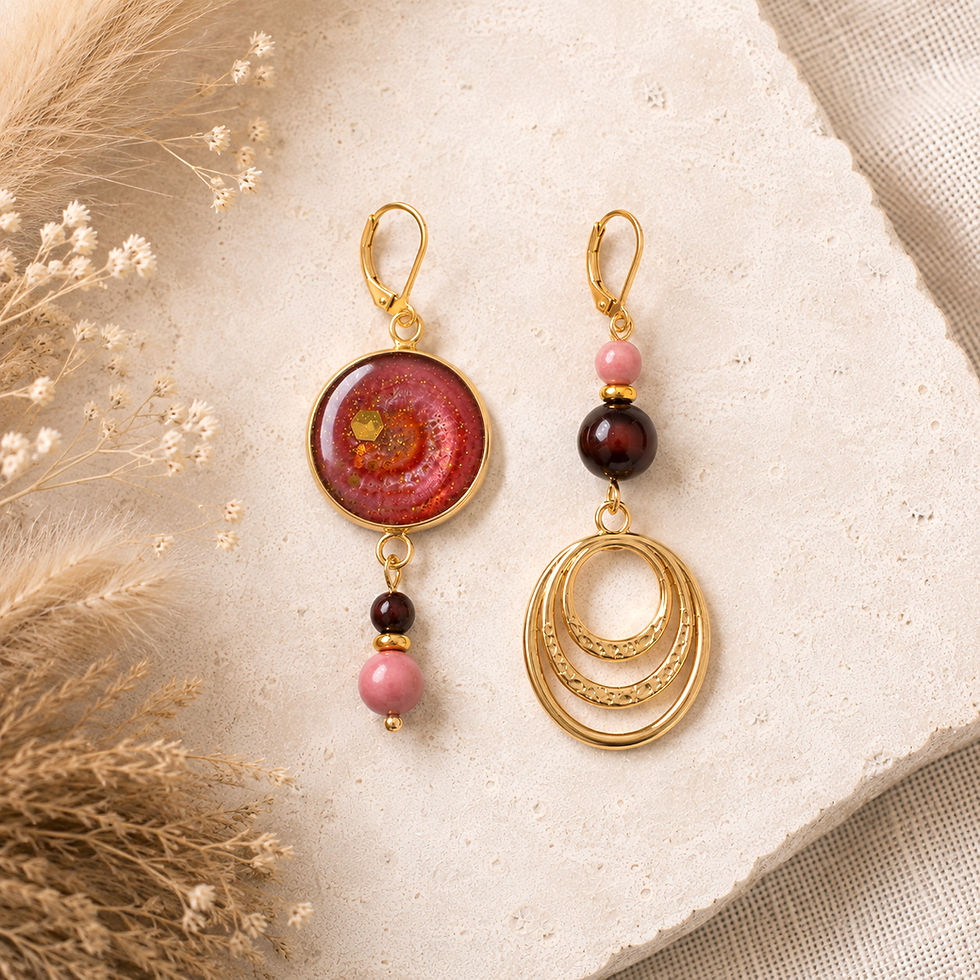Boucles d’oreilles artisanales asymétriques œil de taureau et rhodochrosite