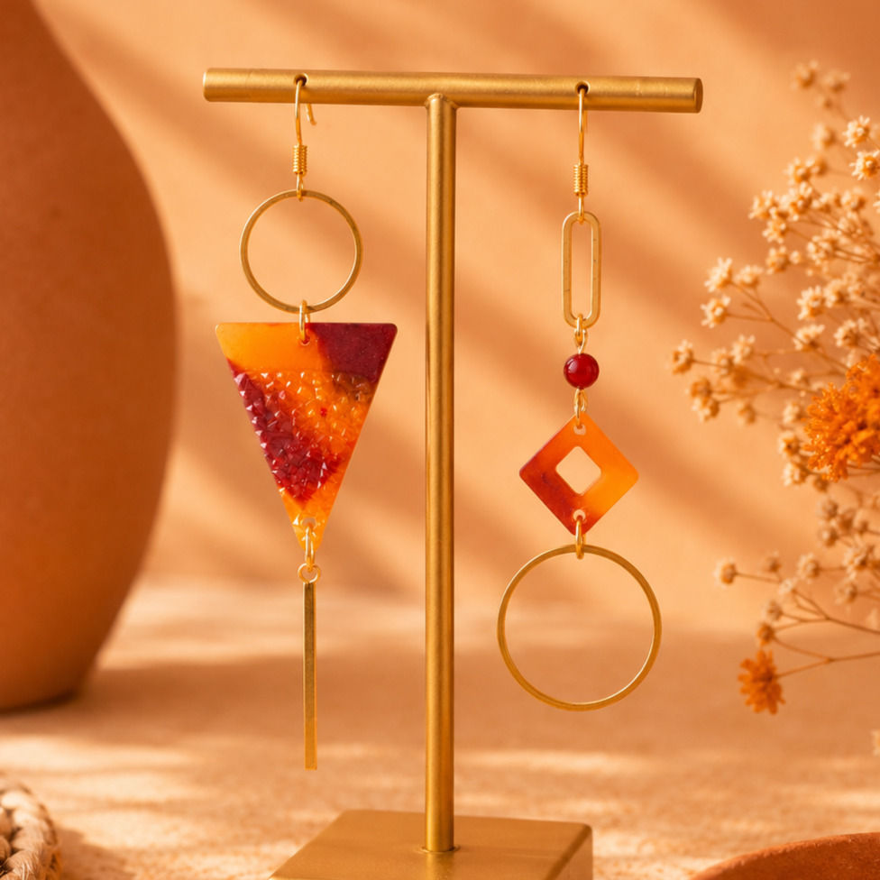 Boucles d’oreilles géométriques en cornaline naturelle et résine orangée