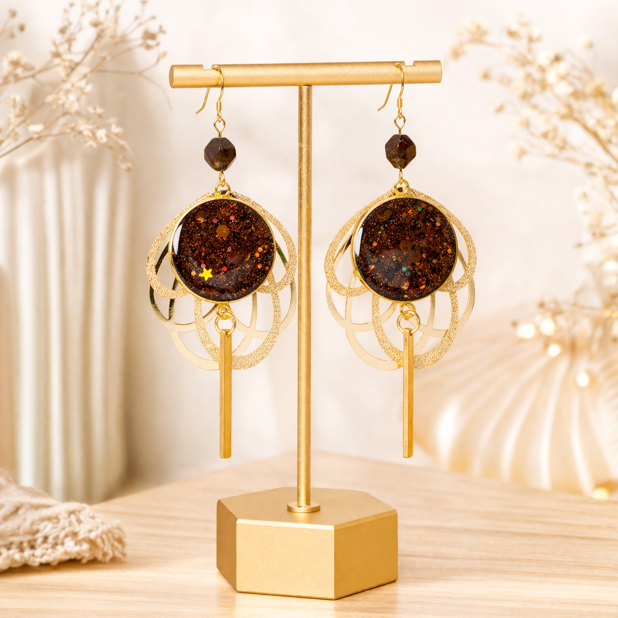 Boucles d’oreilles résine marron et bronzite