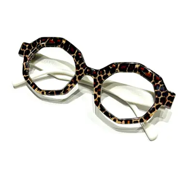 Acetate custom made glasses with unique shape in leopard coloring.