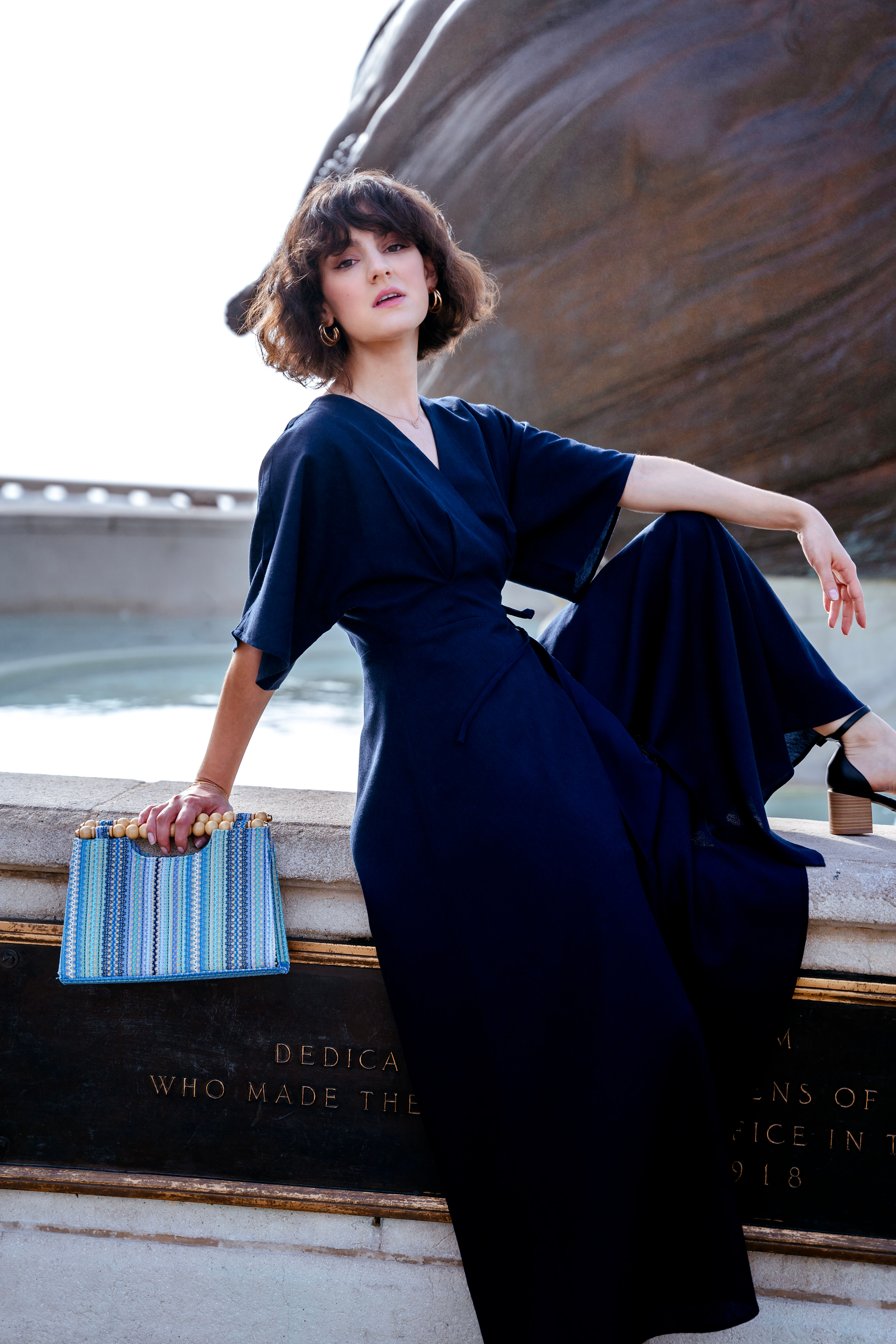 Linen/Cotton Blend Wrap Dress in Midnight Navy