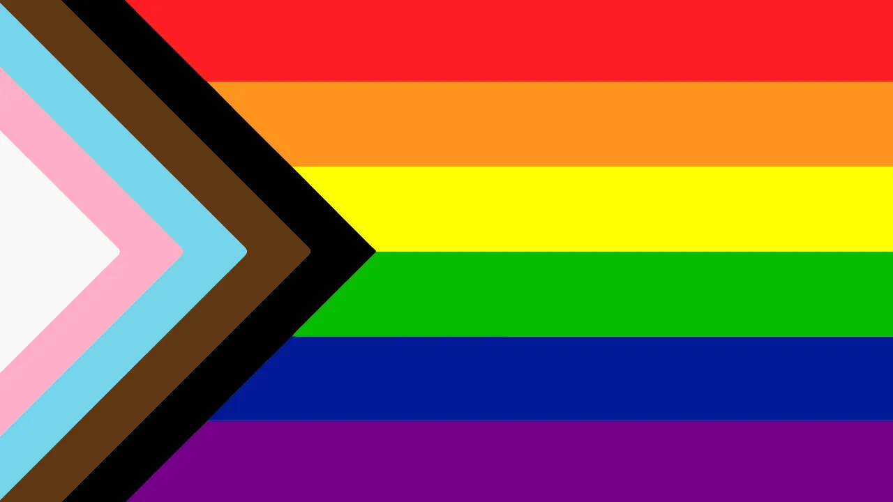 Figure C, the 'Progress' flag. It consists of a white triangle at the flag's hoist side, which is surrounded by a baby pink chevron, which is then surrounded by a baby blue chevron, which is then surrounded by a brown chevron, which is finally surrounded by a black chevron. This set of shapes is overlayed on the 'modern' pride flag from Figure B.