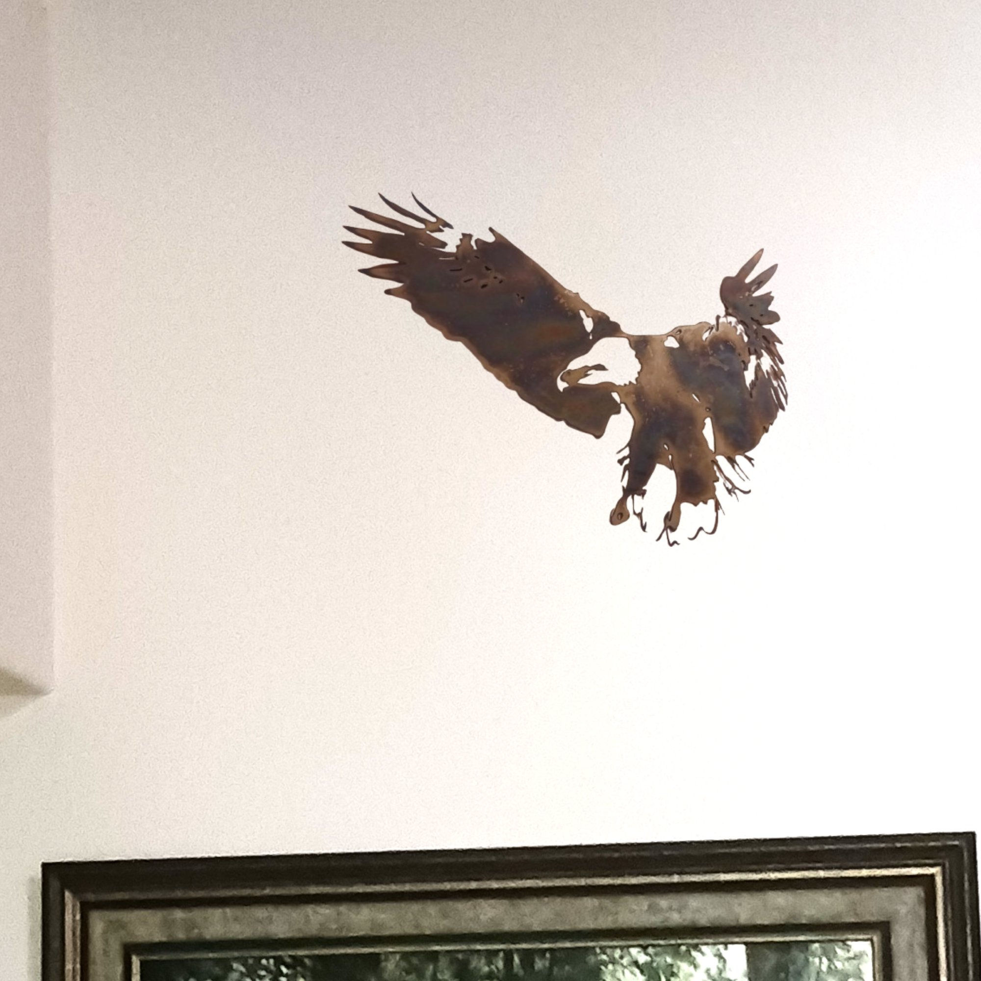 Bald Eagle metal art cutout wall décor shown with Tempered/Tarnished finish