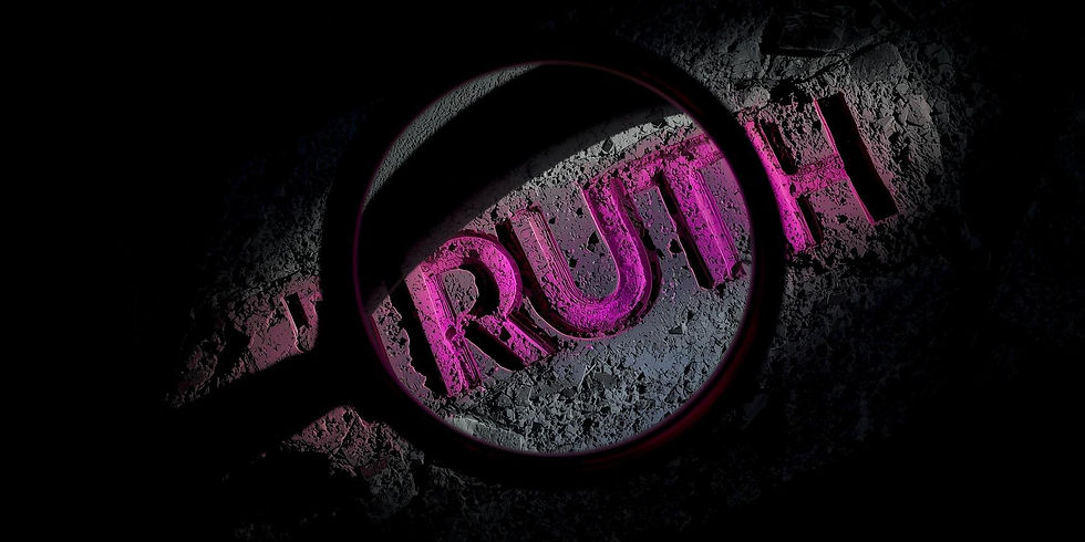 A magnifying glass focusing on the word TRUTH engraved on a heavy stone tabletop, symbolizing the deconstruction and audit of brand identity.