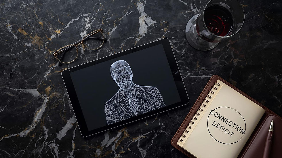 A dark marble desk featuring a luxury flatlay with a tablet showing a digital character wireframe, a glass of red wine, and a notebook with 'Connection Deficit' circled, representing Isabelle Mereje's brand audit process.