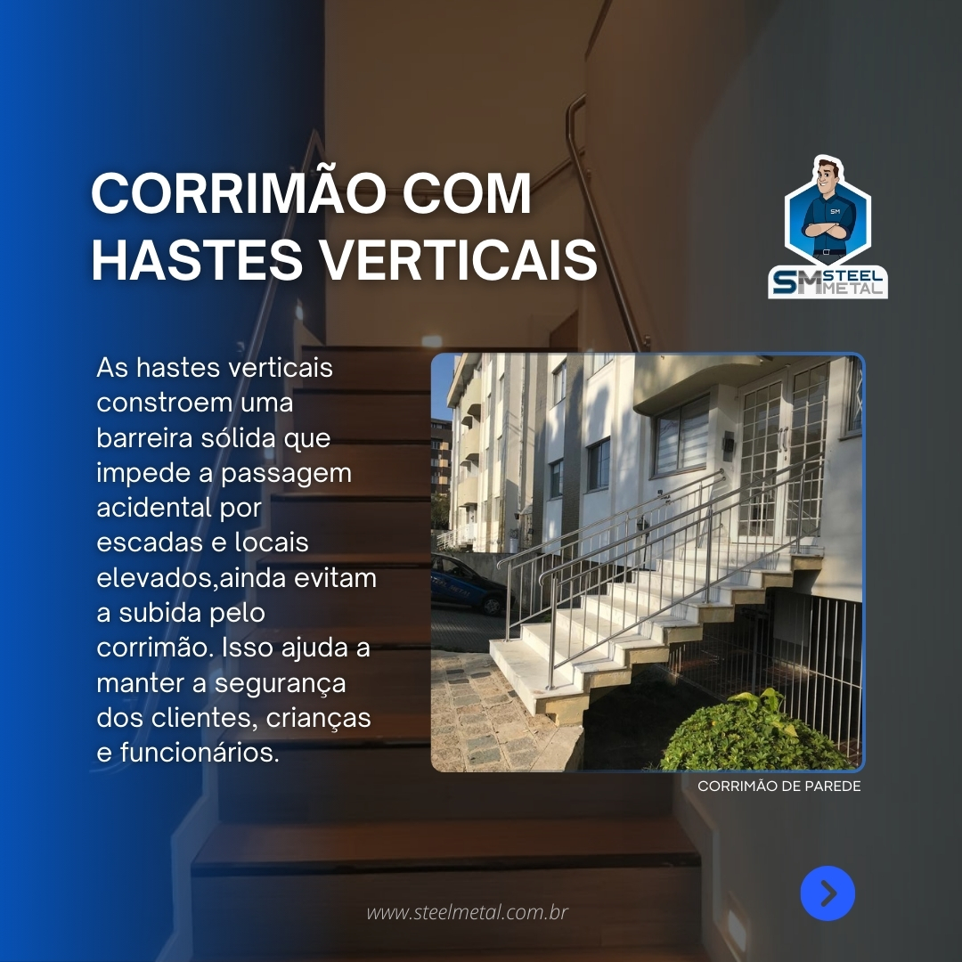 "Imagem de um elegante corrimão de parede destacado atrás do título 'corrimão com hastes verticais'."