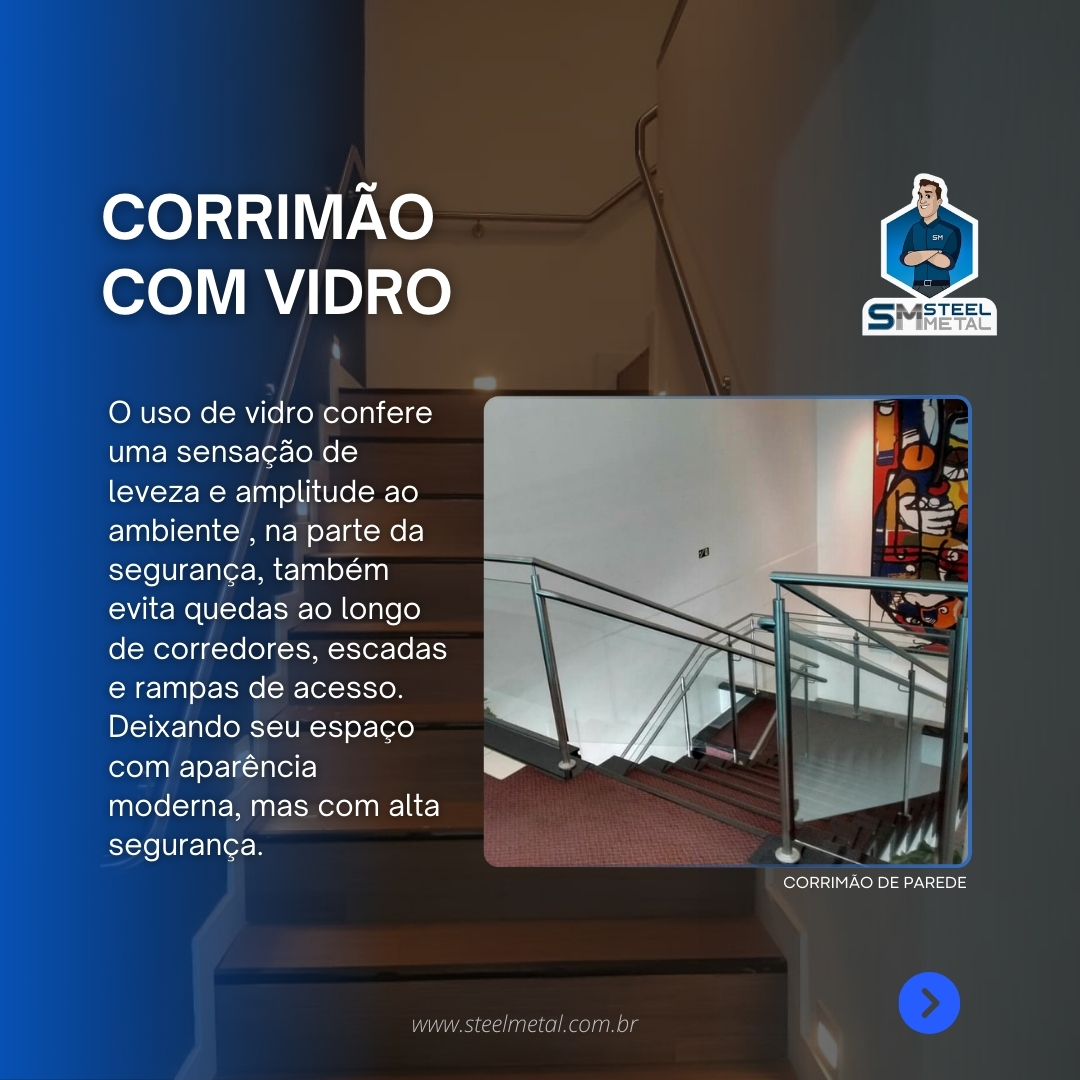 "Imagem de um elegante corrimão de parede destacado atrás do título 'corrimão com vidro'."