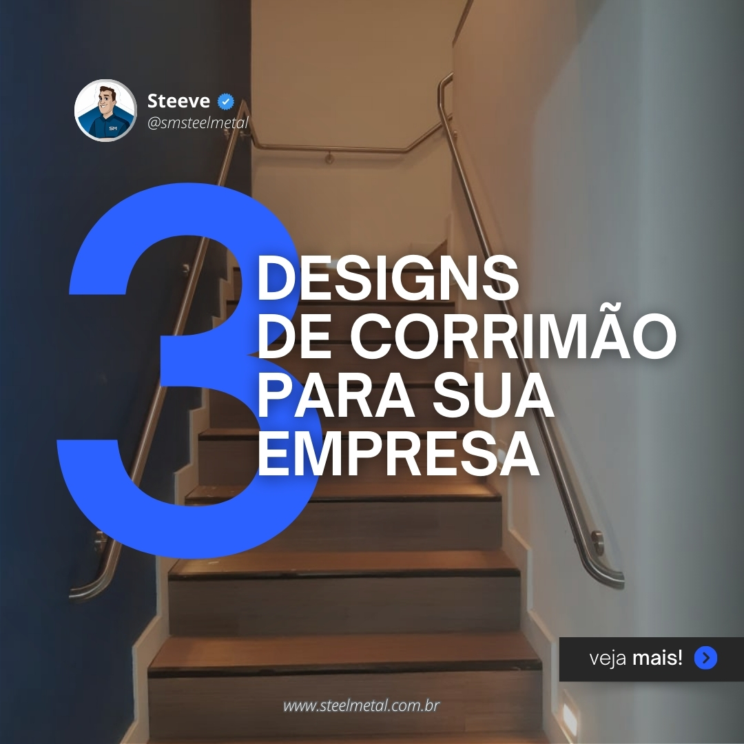 "Imagem de um elegante corrimão de parede destacado atrás do título '3 designs de corrimão para sua empresa'."