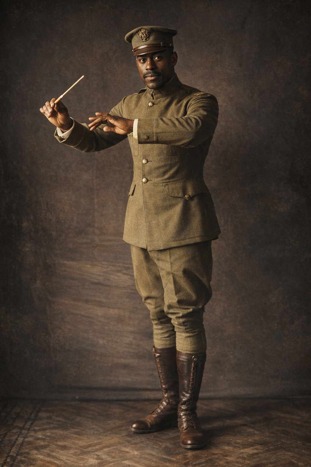 Man in vintage military uniform as a virtual cinematic showrunner.