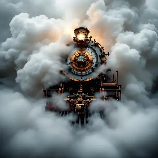 Steam engine emerging from clouds through a virtual cinematic showrunner