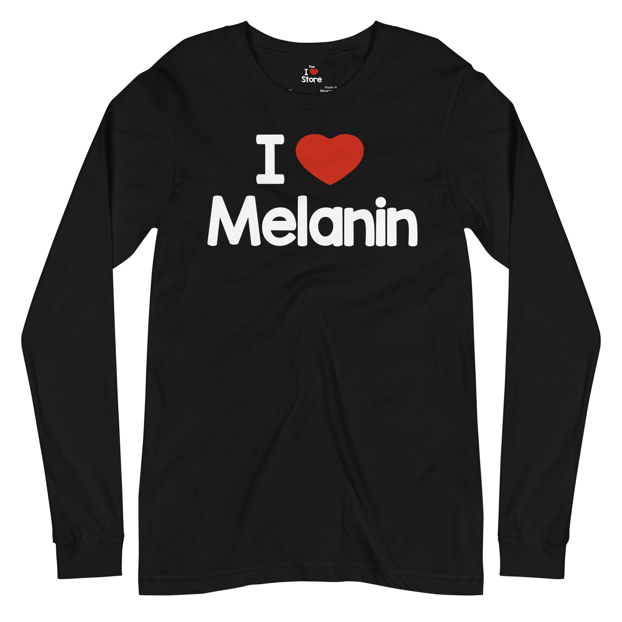 I Love Melanin T-shirt Long Sleeve Black Front View Logo Center Chest