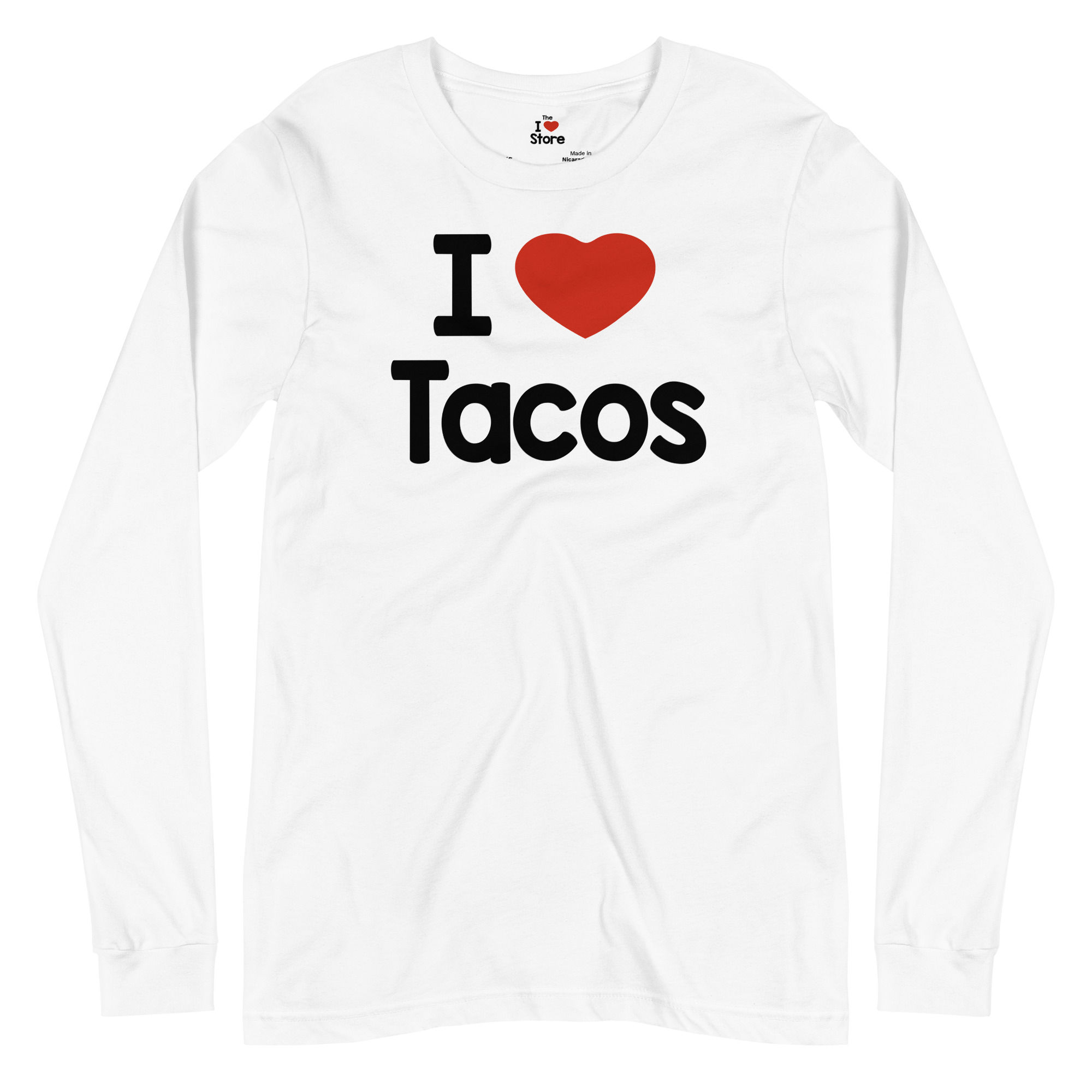 I Love Tacos T-Shirt Long Sleeve White Front View Logo Center Chest