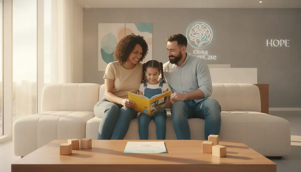 Família acolhida na recepção da Clínica NeuroCare, buscando Avaliação Neuropsicológica em Campo Grande RJ.