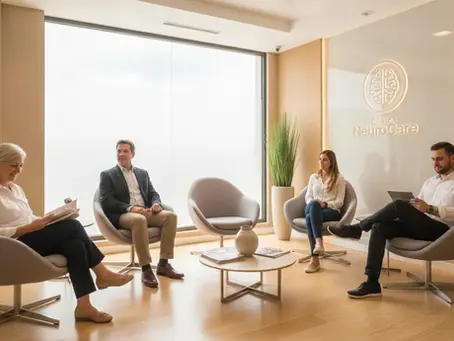 Pessoas aguardando calmamente em clínica moderna. Avaliação neuropsicologica Campo Grande RJ: ambiente acolhedor.