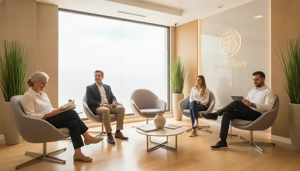 Pessoas aguardando calmamente em clínica moderna. Avaliação neuropsicologica Campo Grande RJ: ambiente acolhedor.