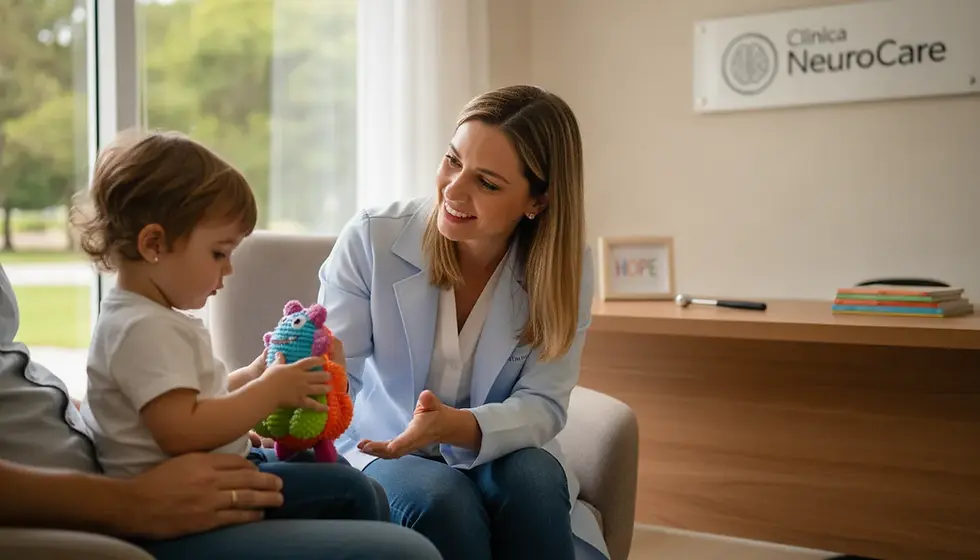 Neuropediatra em Campo Grande RJ avalia criança com brinquedo em consultório acolhedor, transmitindo confiança.