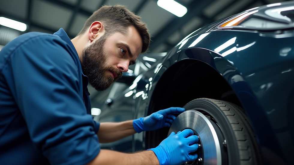 Eye-level view of a mechanic inspecting a luxury car’s brake system