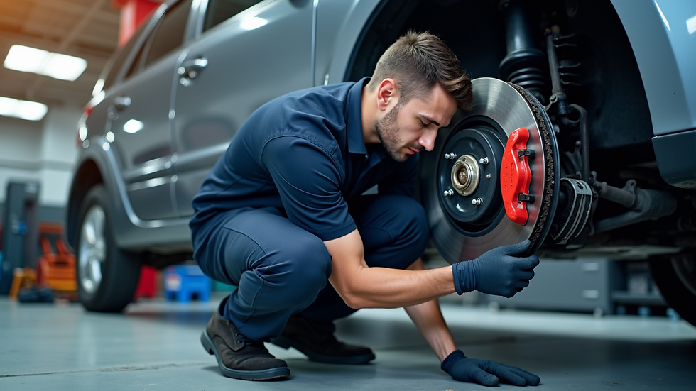 Eye-level view of a mechanic inspecting brake components under a car