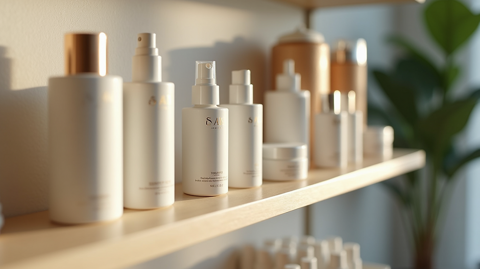 Eye-level view of various skincare products on a salon shelf