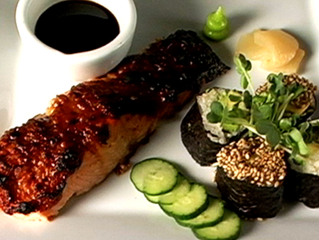Asian-ish Glazed Salmon with Avocado Sushi