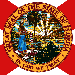 Florida Flag: Seal includes a Seminole Tribe woman, a sail boat, & a big palm tree.at the center.