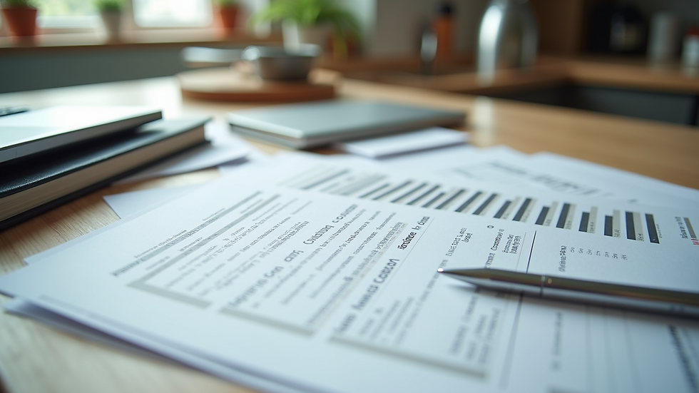 High angle view of kitchen countertop with budget planning documents