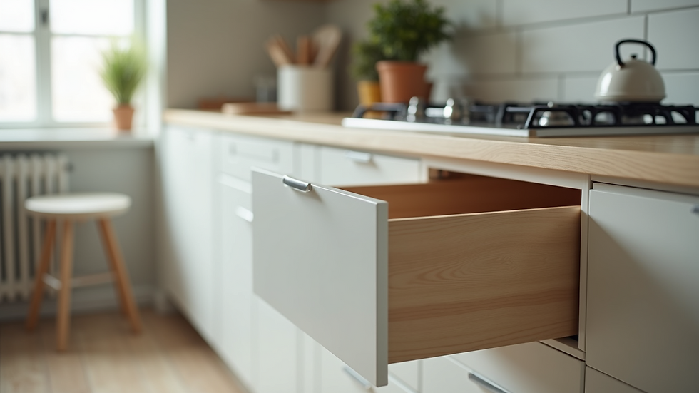 Close-up view of kitchen cabinet with pull-out drawer organizer