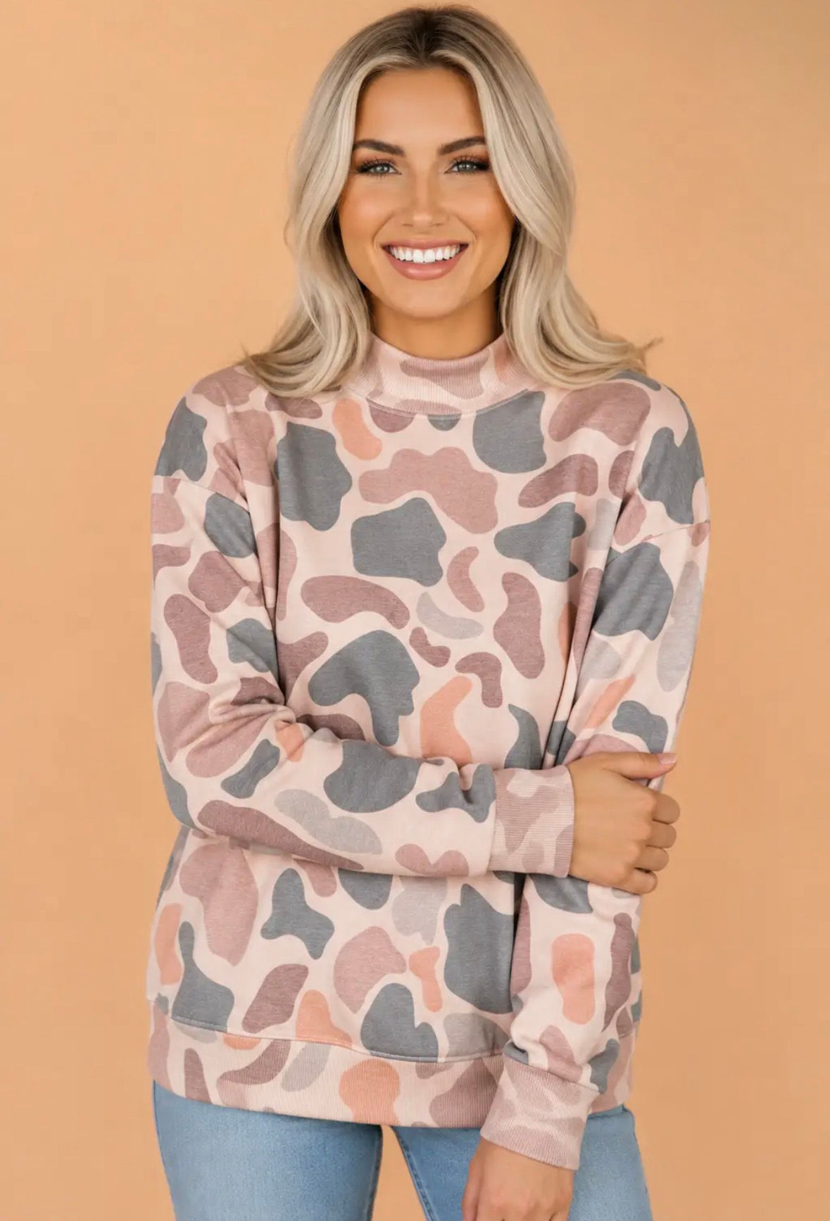 Camo Ribbed Trim Long Sleeve Sweatshirt
