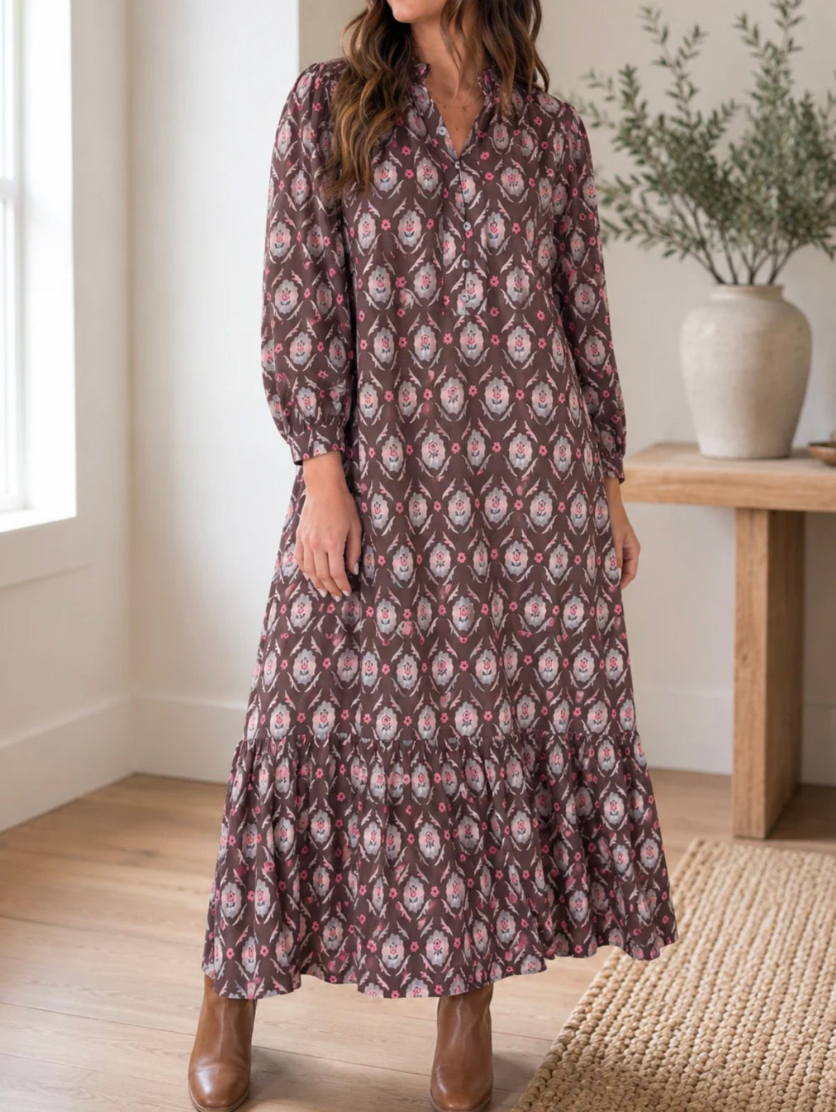 Brown Floral Ruffle Dress