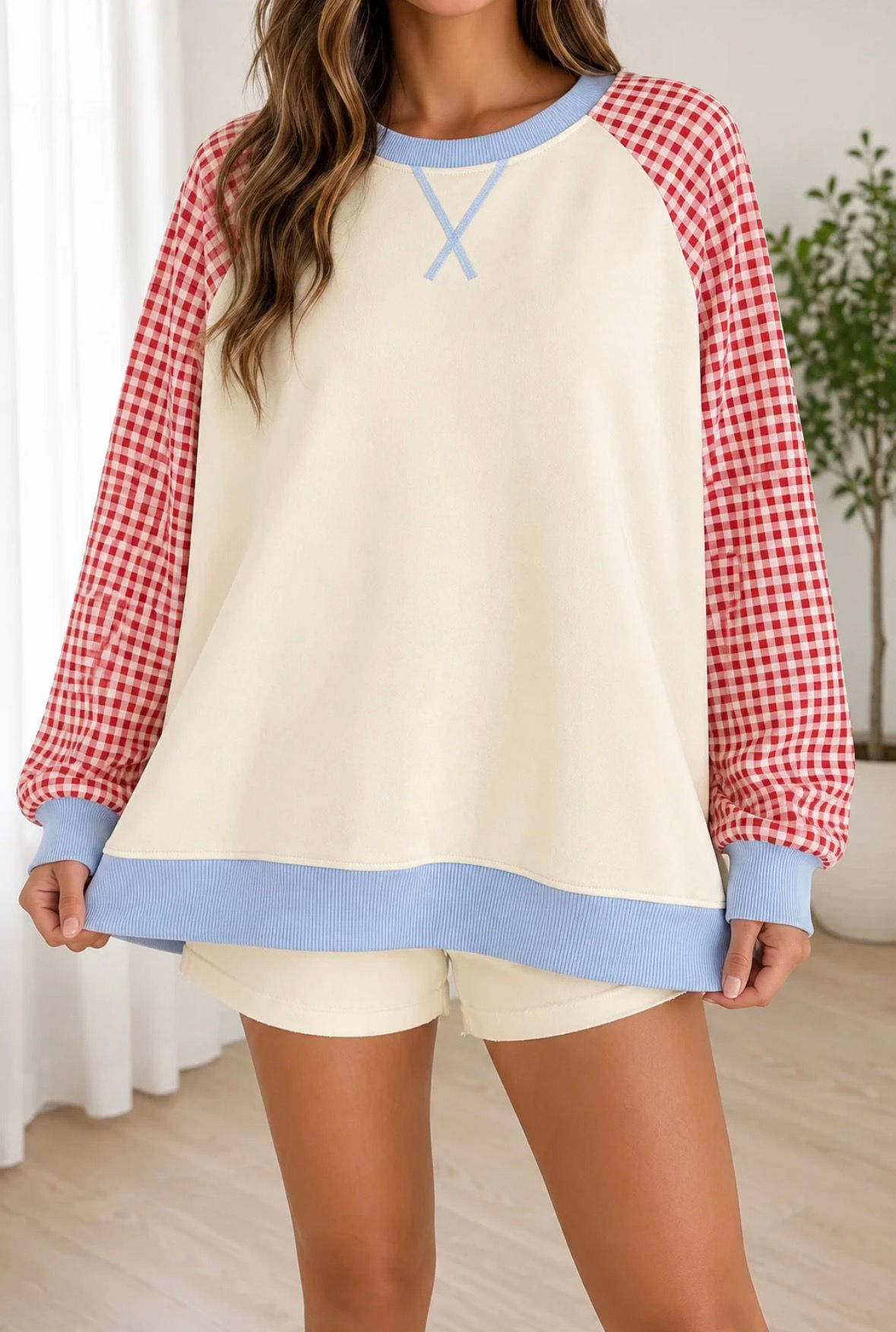 Beige Plaid Colorblock Sweatshirt