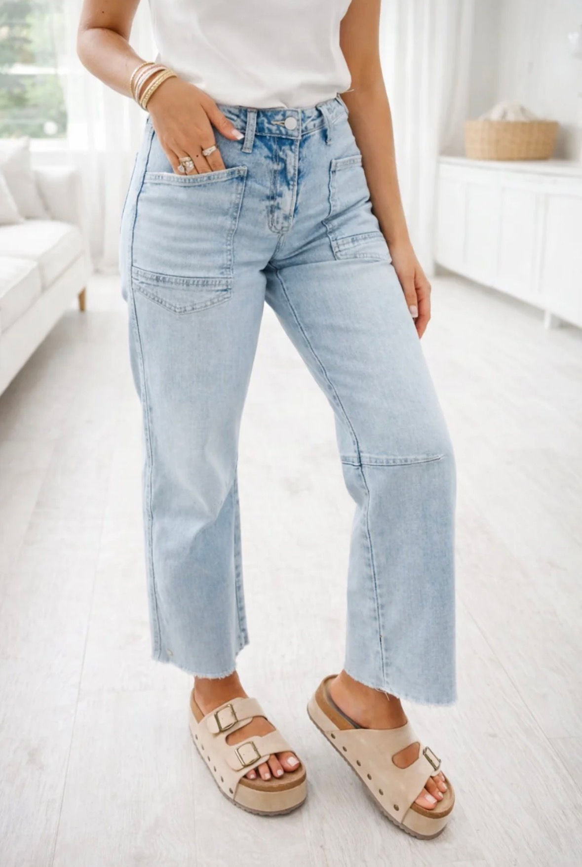 Blue Frayed Cropped Jeans