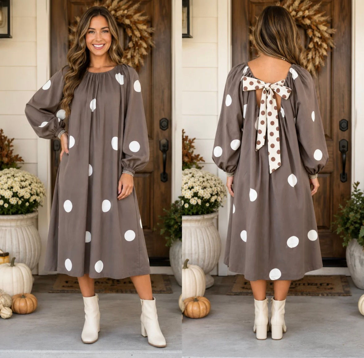 Brown Polka Dot Bow Back Midi Dress