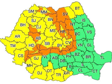 Cod galben de ninsori și vânt puternic la munte