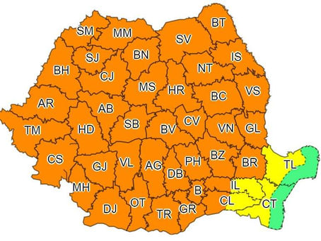 COD PORTOCALIU: vijelii puternice, grindină de medii și mari dimensiuni, averse torențiale