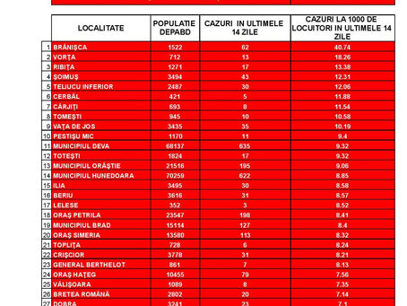 Incidența cazurilor SARS-CoV-2 în județul Hunedoara, la nivel de UAT - 7.38