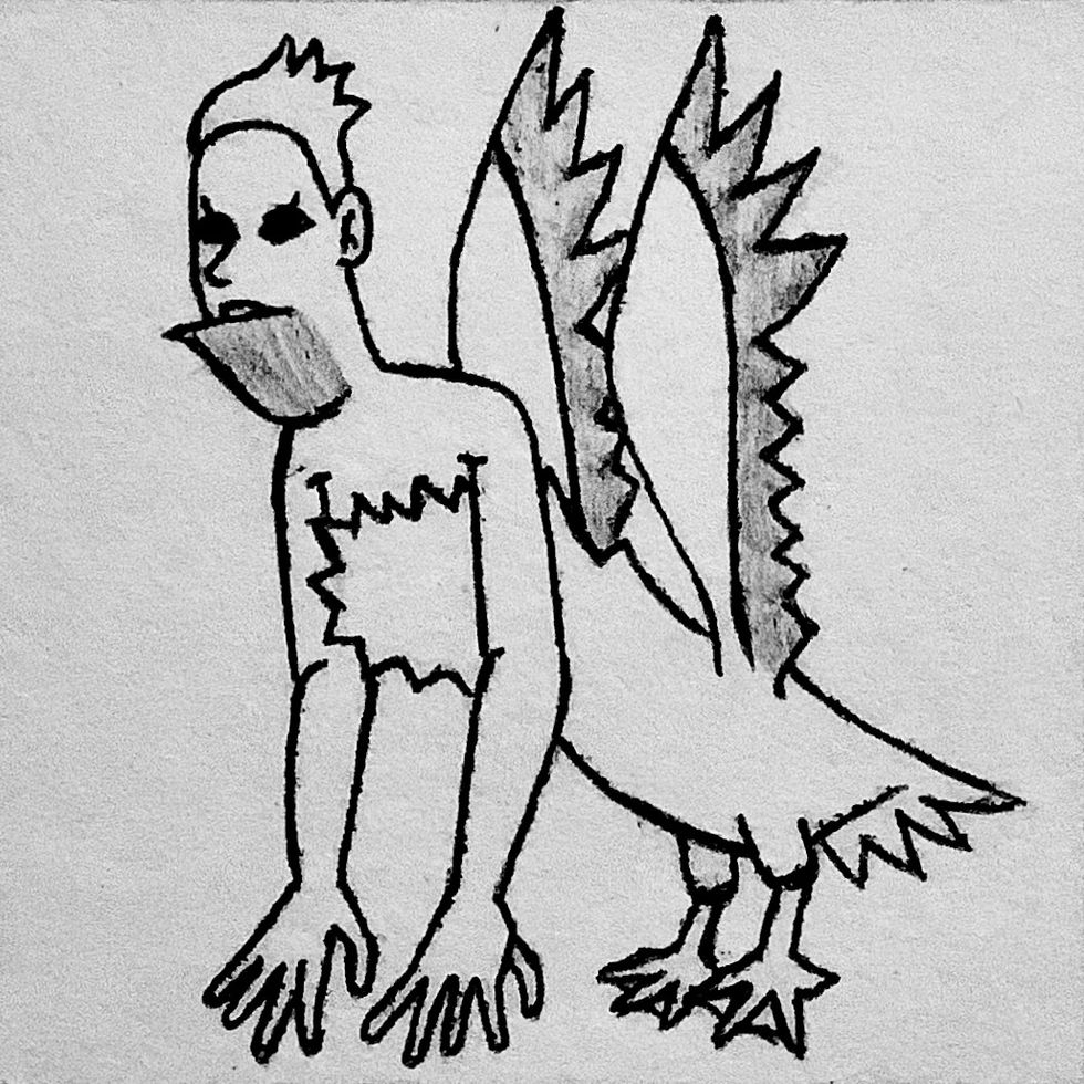 A winged siren with the wings and lower body of a pelican, and her chin is big and hanging like the lower half of a pelican's beak.