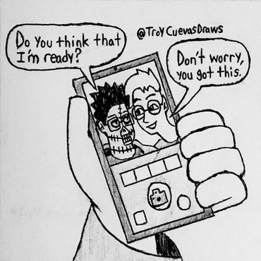 My undead artsona and Hunter (the elvish editor) on a phone camera screen having a conversation.

"Do you think that I'm ready?", my  undead artsona asks, then Hunter smiles and says "Don't worry, you got this."