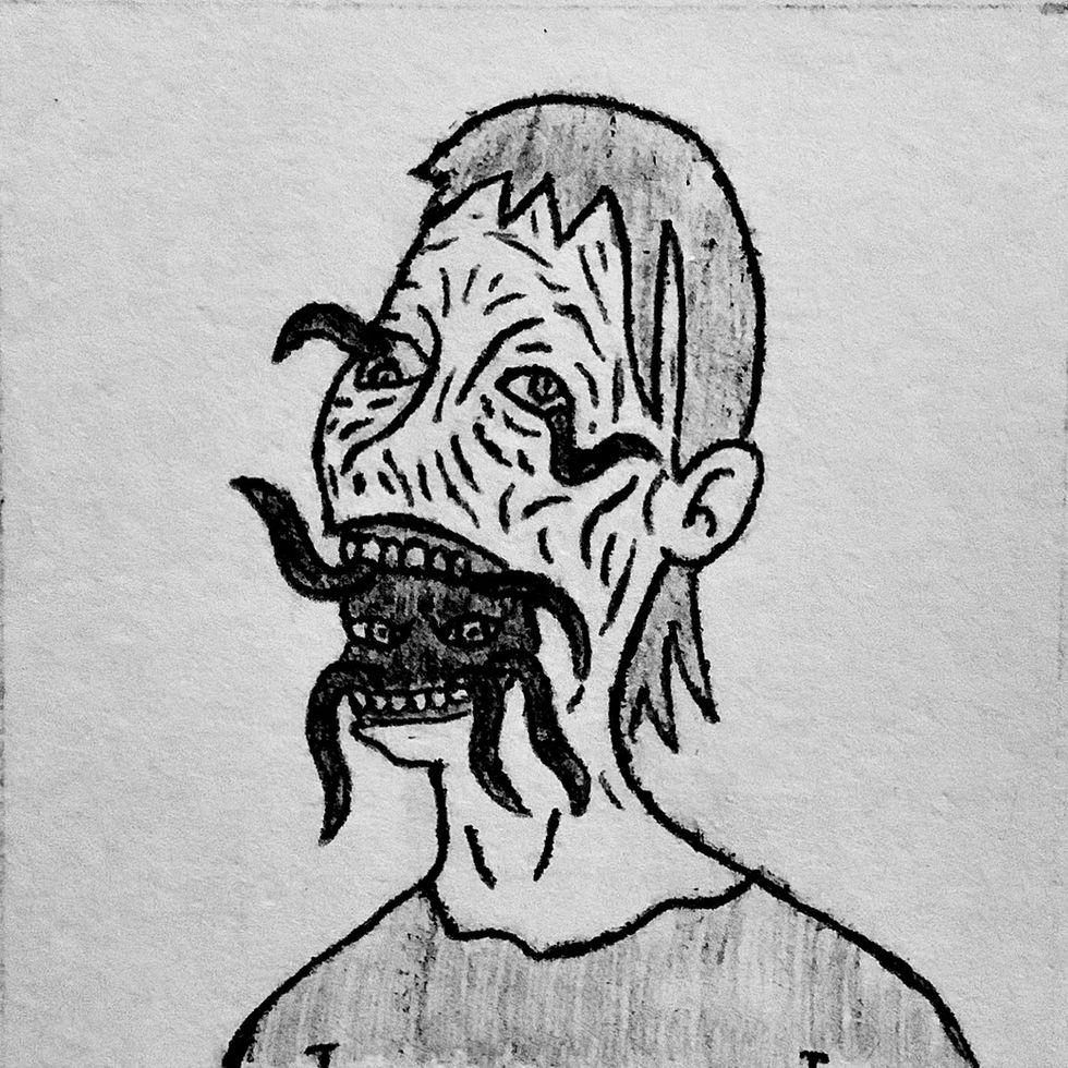 A man with eyes looking at two different directions and having tentacles poking out of his eyelids and mouth, and a mysterious pair of eyes stares out of the man's mouth.