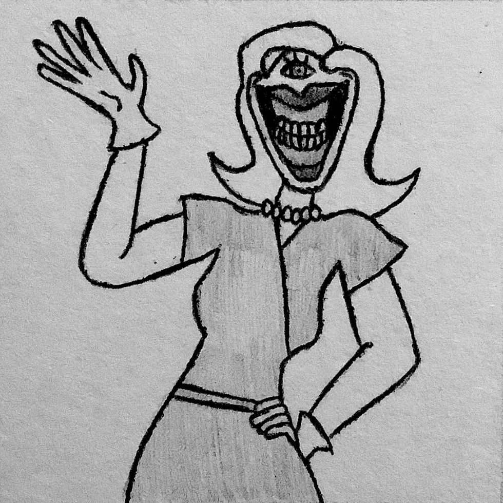 A cyclops woman wearing a 1950s inspired dress and hairstyle, her eye is small but she's wearing a giant smile.