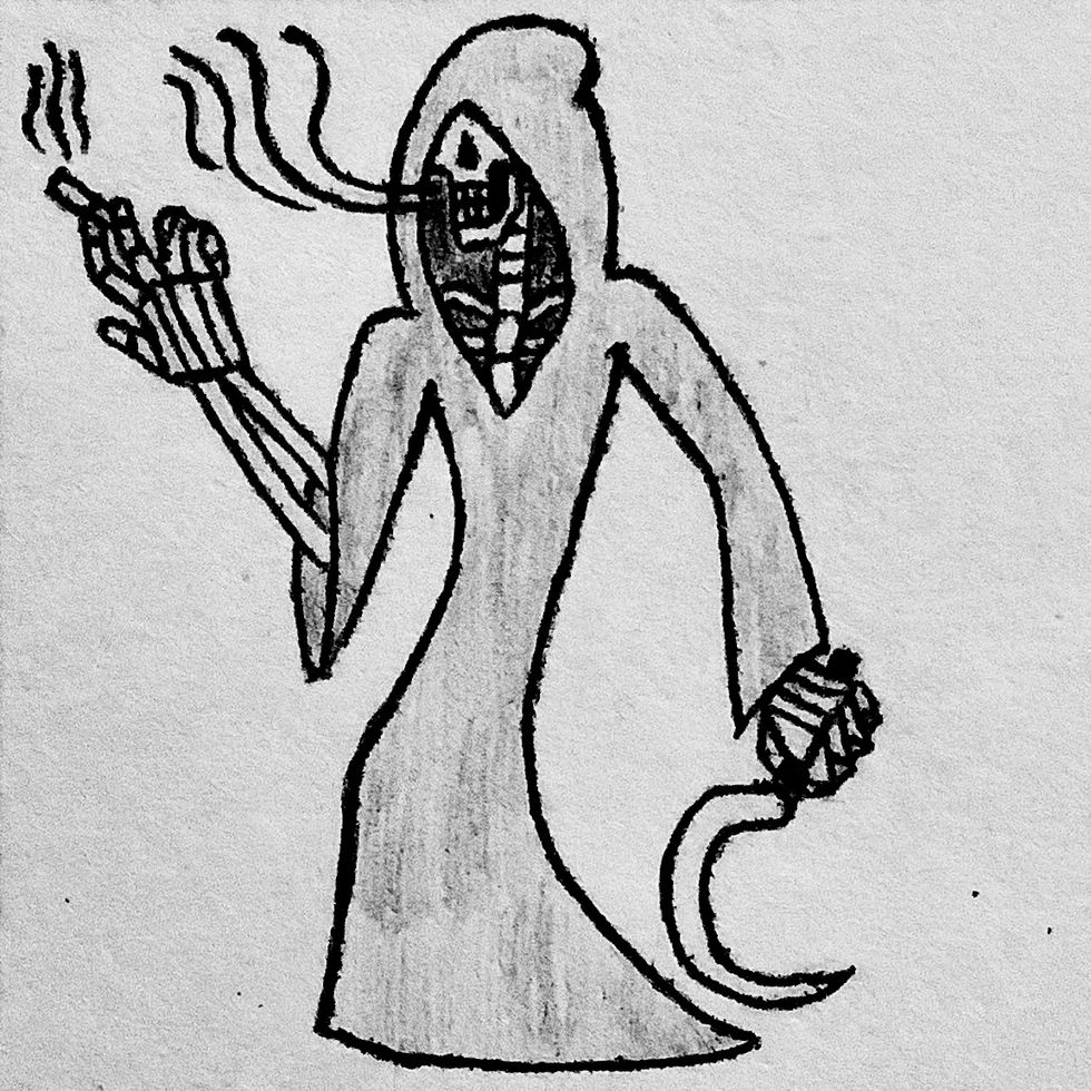 The Grim Reaper holding a sickle on his left hand and smoking and a lit cigarette on his right hand.