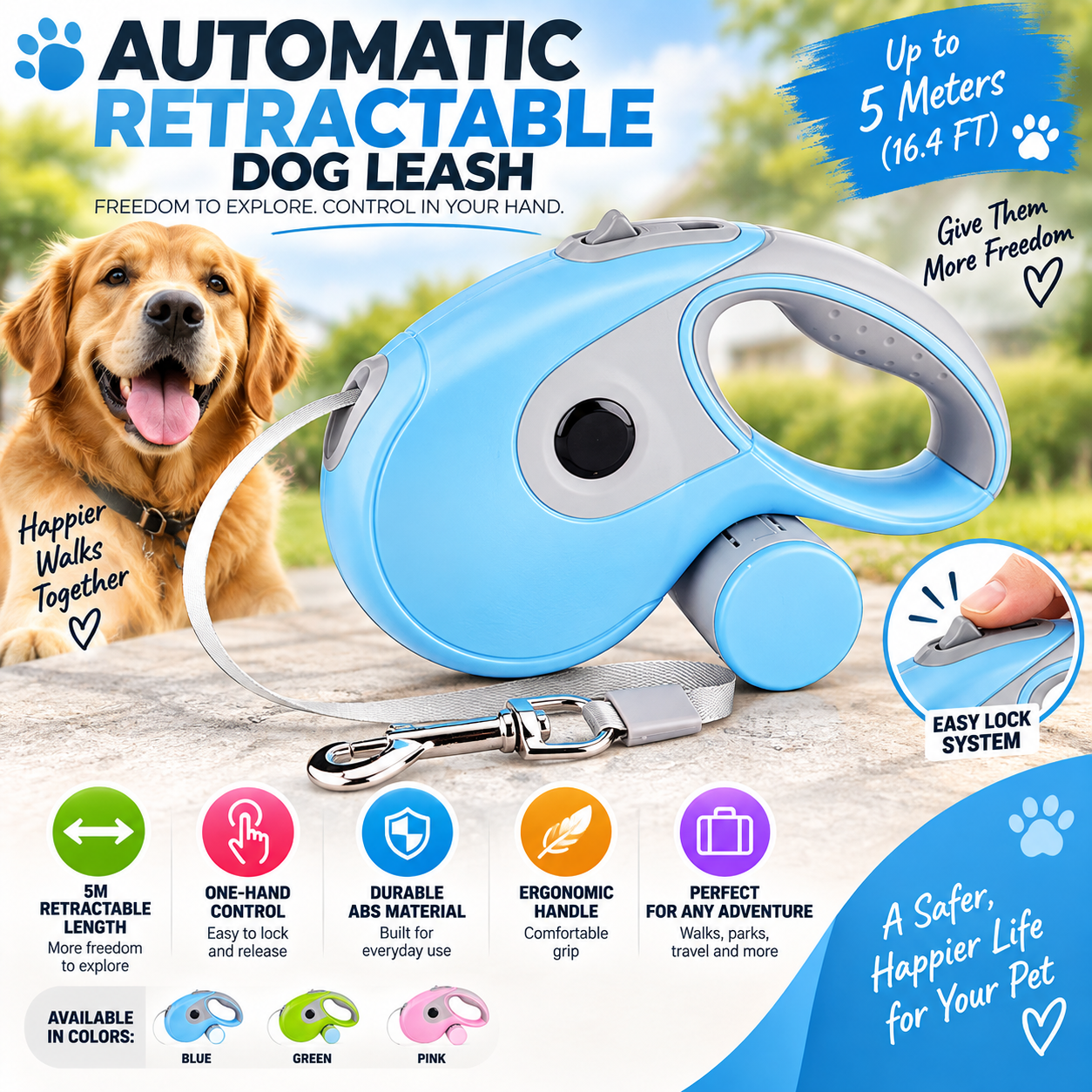 5M AUTOMATIC RETRACTABLE DOG LEASH — FREEDOM & CONTROL FOR EVERY WALK