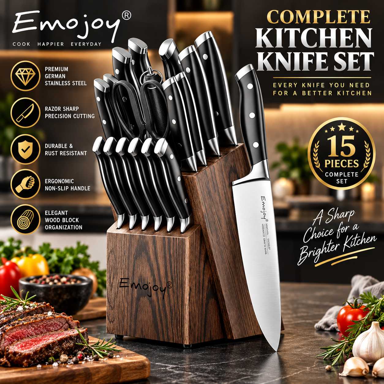 Emojoy ProEdge™ Complete Kitchen Knife Collection with Wood Block