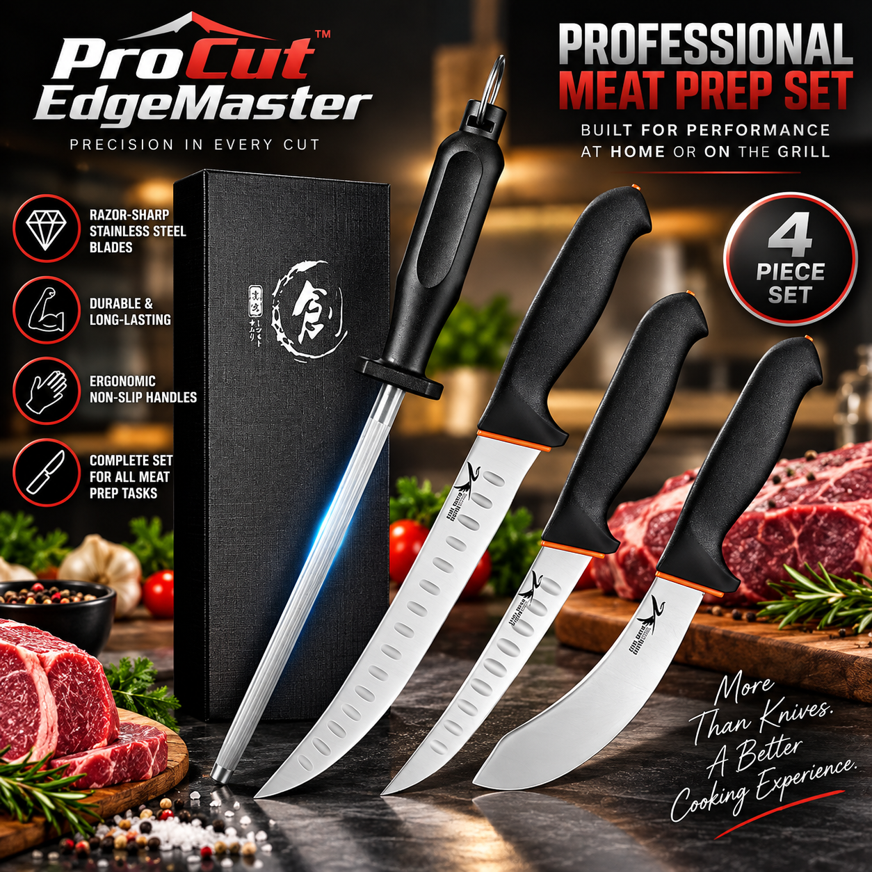 ProCut EdgeMaster™ 4-Piece Professional Butcher & Meat Prep Knife Set