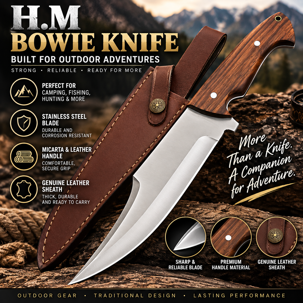 H.M 13.5-INCH BOWIE KNIFE WITH GENUINE LEATHER SHEATH
