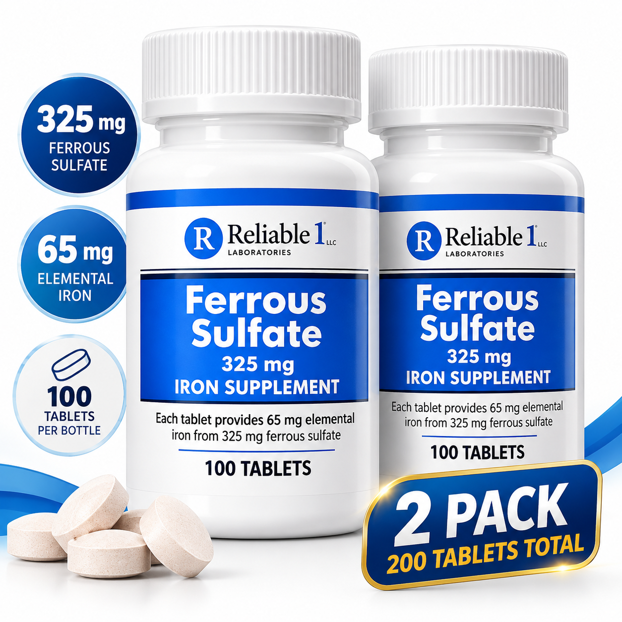 Ferrous Sulfate 325mg Iron Supplement (2-Pack) - 100 Iron Tablets per Pack