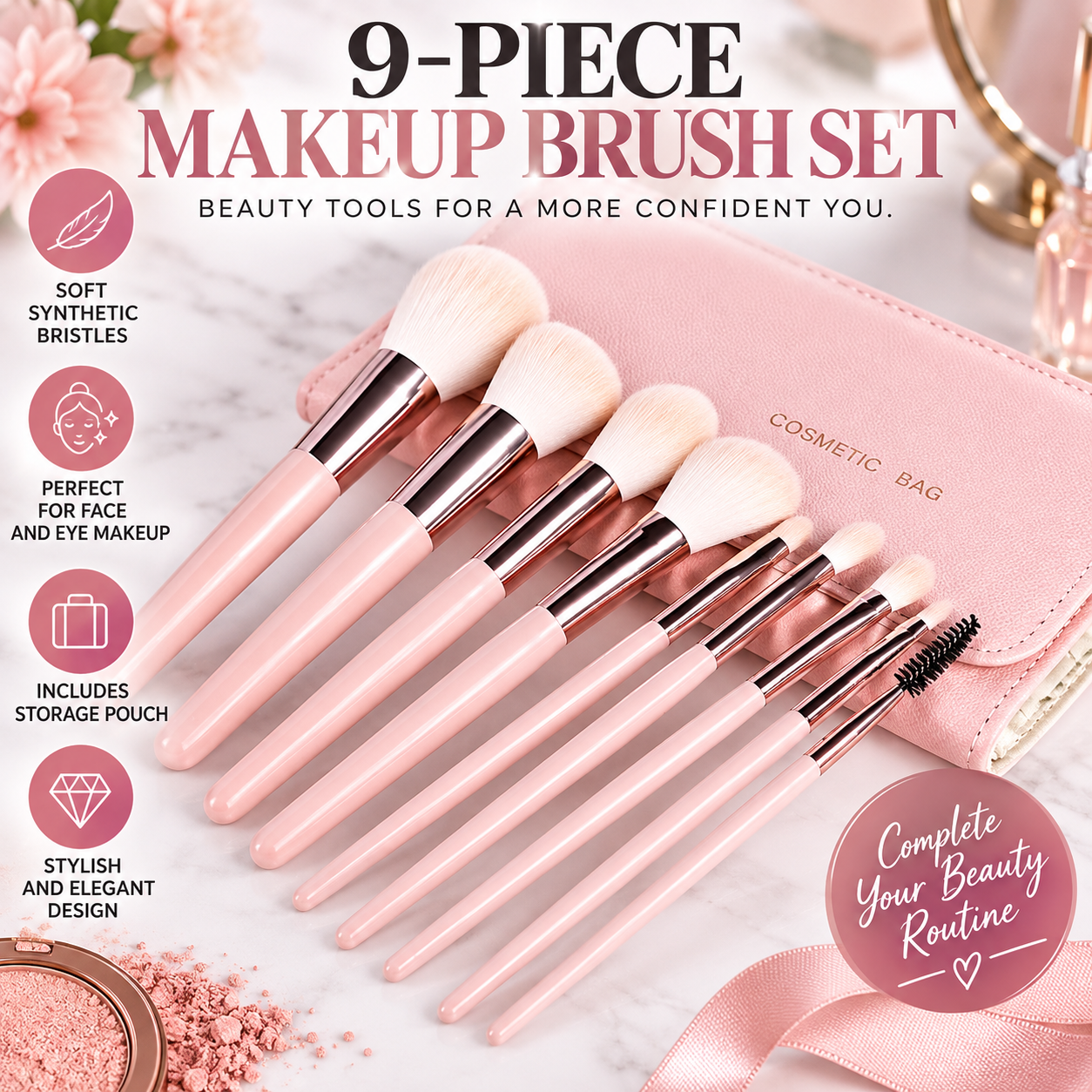 9-PIECE ESSENTIAL BEAUTY MAKEUP BRUSH COLLECTION WITH STORAGE POUCH
