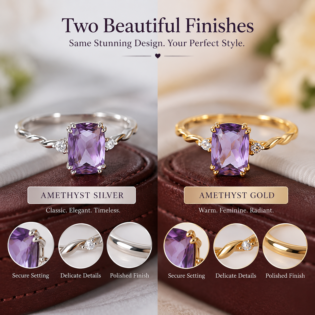 LAVENDER AMETHYST ELEGANCE RING — GOLD & SILVER FINISH