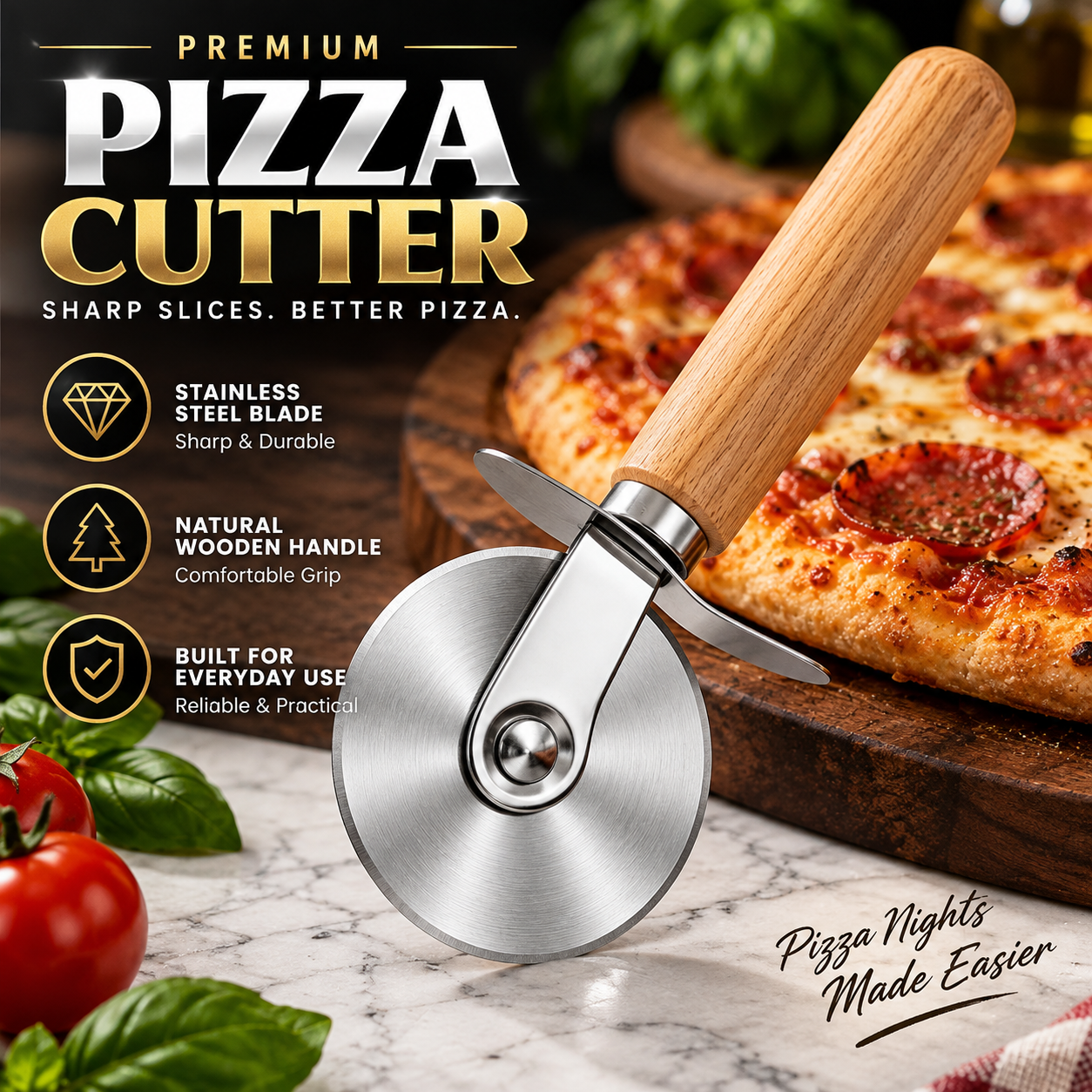 Premium Stainless Steel Pizza Wheel — Fast, Clean Slices with a Comfortable Wood