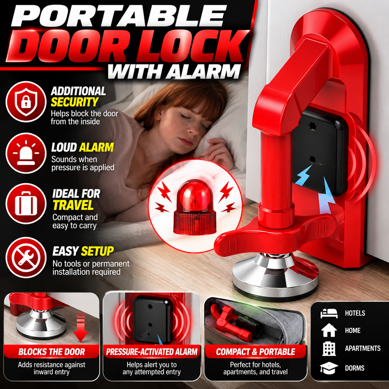 Portable Door Lock with Pressure-Activated Alarm
